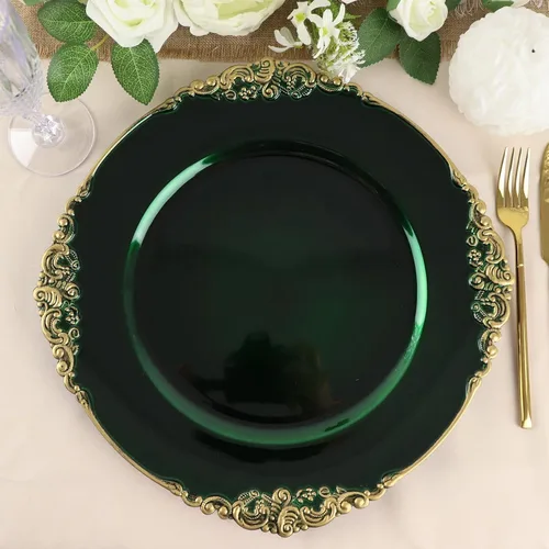 Miniatura 20 de Tableclothsfactory Paquete de 6 platos barrocos redondos de oro transparente de 13 pulgadas, borde en relieve de hojas para decoración de mesa