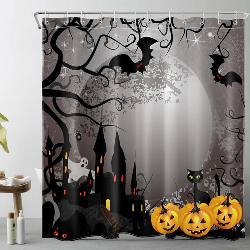 Miniatura 8 de EOBTAIN Cortina de ducha de calabaza espeluznante de Halloween, fantasma y gato murciélago con casa embrujada en noche oscura aterradora, cortina