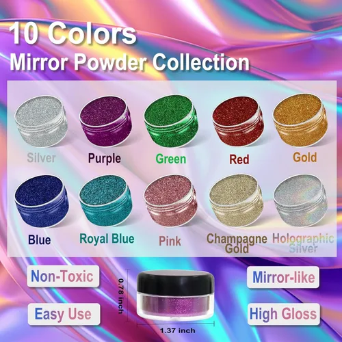 Miniatura 4 de Matio Polvo cromado, 10 colores metálicos efecto espejo cromado polvo de mica para uñas, pigmento holográfico, polvo de pigmento metálico