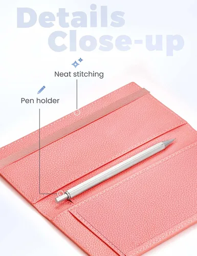 Miniatura 59 de Yarnic Funda para chequera personal, soporte para chequera con soporte para bolígrafo y divisor de plástico transparente integrado para cheques Rosa