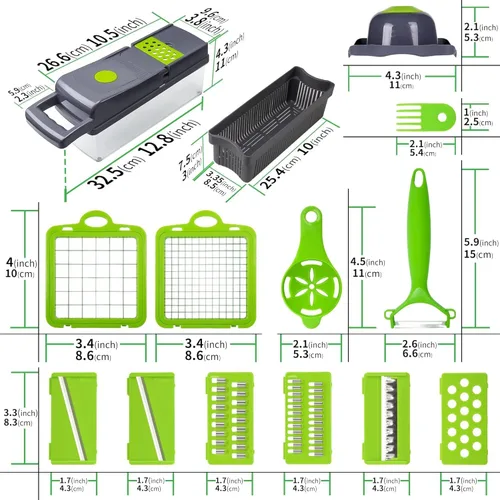 Miniatura 2 de Picadora de verduras 16 en 1 y picadora de alimentos con recipiente, cortador de cebolla, cortador de verduras con 7 cuchillas para ensalada