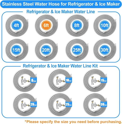 Miniatura 6 de Línea de agua para refrigerador (2 piezas) – Manguera de agua trenzada de acero inoxidable de alta calidad para máquina de hielo de 6 pies + 20