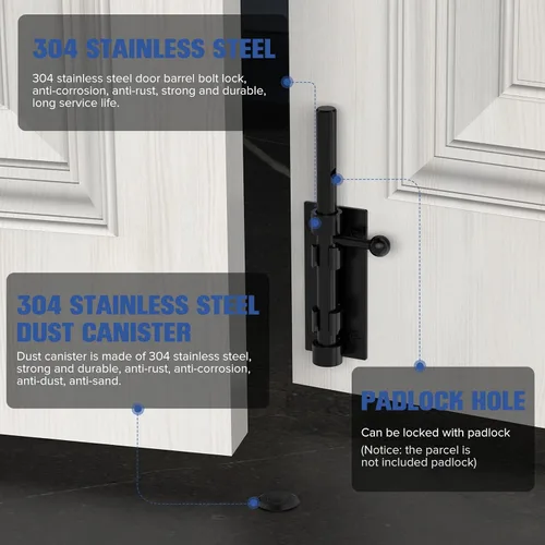 Miniatura 3 de Pestillo de perno de barril, perno deslizante, cerradura de puerta de puerta, herrajes de 6.3 pulgadas, resistente, acero inoxidable 304, cerradura