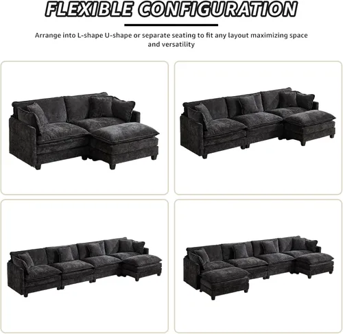 Miniatura 6 de Sofá modular modular de felpilla negra de 78 pulgadas para sala de estar, sofá modular de felpilla negra para sala de estar, sofás para sala de Negro