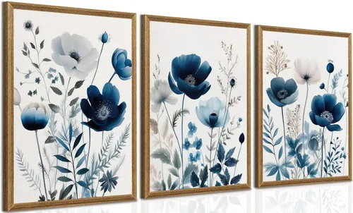 DUWQU 3 piezas de arte de pared en lienzo floral azul marino, marco de madera azul marino, flores silvestres lirio, margaritas, decoración de pared
