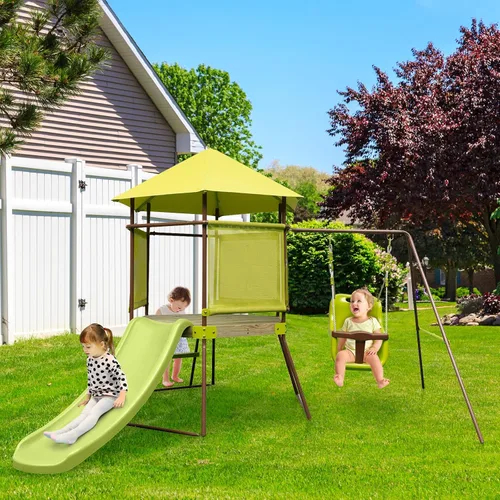 Miniatura 8 de Costzon Juegos de columpios para patio trasero, juego de columpio de metal resistente 4 en 1 con tobogán, columpio para bebé, cubierta superior