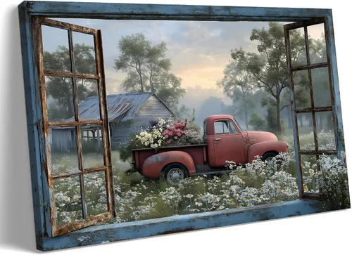 Miniatura 18 de Decoración rústica de granja en lienzo con ventana abierta, impresiones artísticas para pared, pintura de camión viejo, lienzo de granero y bandera