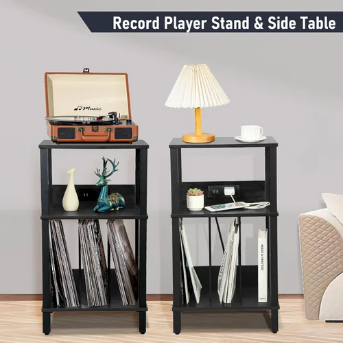 Miniatura 6 de Soporte para tocadiscos con estación de carga, estante de almacenamiento de vinilo de 3 niveles con capacidad para más de 100 álbumes, mesa auxiliar