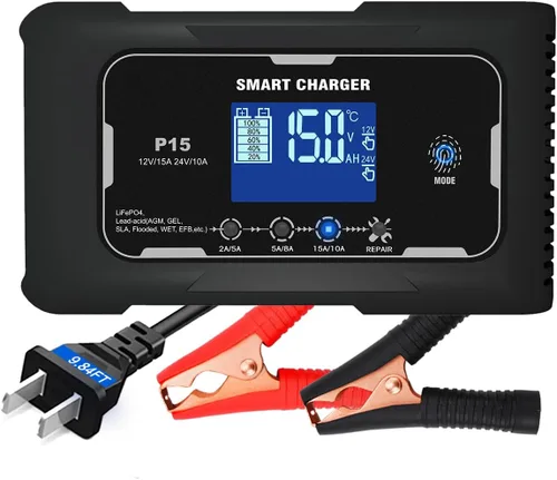 Cargador de batería de automóvil, 12V/24V 15 Amp Cargador de batería para plomo-ácido (AGM/Gel/SLA/EFB) y LiFePO4, cargador inteligente automático