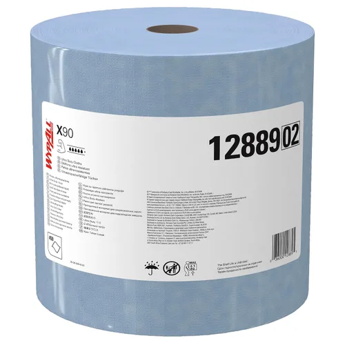 WypAll Paños PowerClean X90 Ultra Duty (12889), rollo jumbo, toallas de uso extendido, azul (450 hojas/rollo, 1 rollo/caja, 450 hojas/caja)