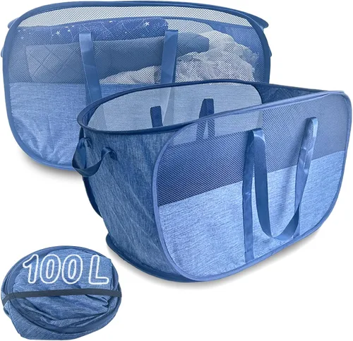 Miniatura 11 de Cesta de lavandería desplegable de malla extra grande de 100 litros con tapa y asas, paquete de 2, cesta de ropa sucia plegable XL