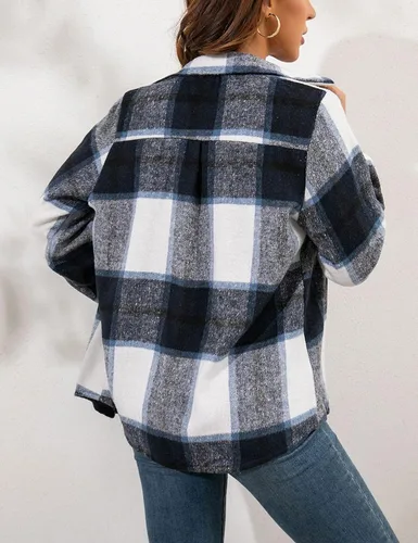 Miniatura 29 de Tanming - Chaquetas de franela cepillada para mujer, a cuadros, con botones, solapas y bolsillos, camisa tipo chaqueta