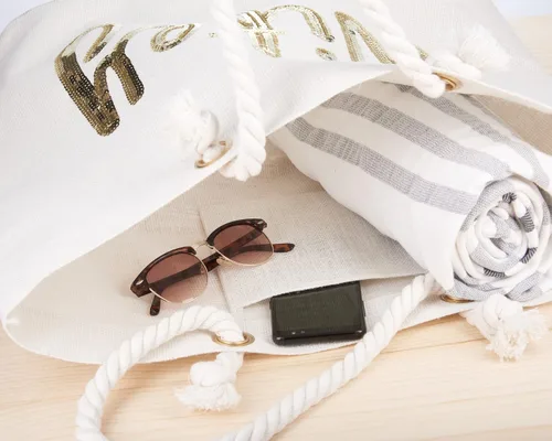 Miniatura 3 de ELEGANTPARK Bolsa de yute con bolsillo interior de lentejuelas doradas, regalo para novia, luna de miel, boda, playa, bolsa de yute con lentejuelas