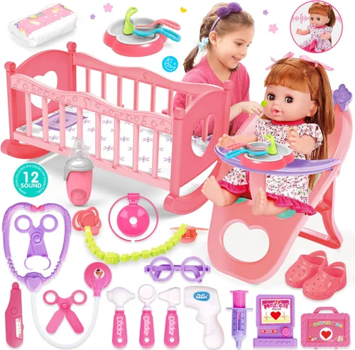 Juego de juguetes para muñecas de bebé, juguetes de muñeca de 14", juego de juguetes para el cuidado de las muñecas de 25 piezas, juego de muñecas