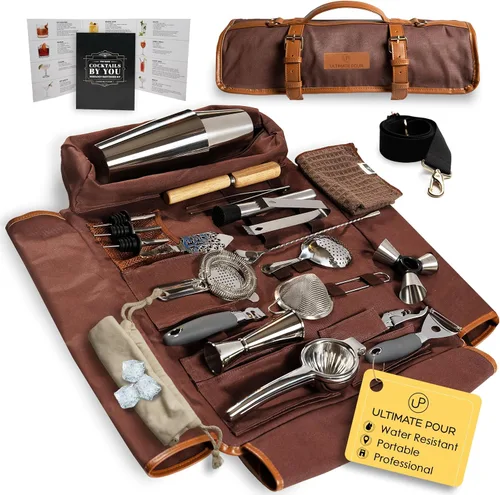 Juego profesional de barman con bolsa de viaje y juego de coctelera | Juego portátil de barman para mixología con coctelera Boston de 18/28 oz |