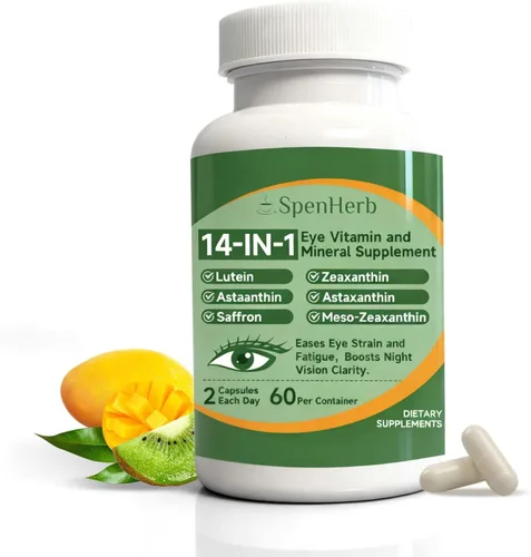 Suplemento de vitaminas y minerales para los ojos 14 en 1, fórmula avanzada para los ojos, apoyo visual con luteína y zeaxantina, vitamina C E, zinc