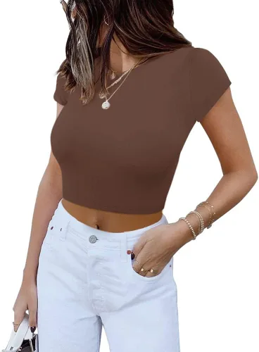 Miniatura 2 de REORIA Lindas camisetas ajustadas de manga corta con cuello alto y doble forro para mujer