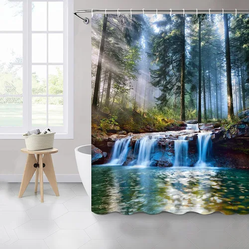 Miniatura 2 de Cortinas de ducha con cascadas, decoración de baño al aire libre con paisaje natural del bosque, sol, árbol, planta, paisaje del patio, cortinas