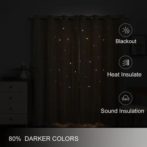 Miniatura 4 de FANLI 2 paneles de cortinas opacas de estrellas para dormitorio de niñas, sala de estar, rayas oscurecedoras, doble capa, estrellas caladas