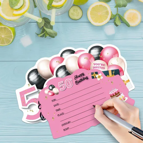 Miniatura 3 de ERHACHAIJIA 20 globos dorados rosados y negros y tarjetas de invitaciones en forma de pastel con sobres, divertidas fiestas de cumpleaños 50