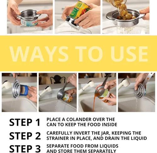 Miniatura 5 de Paquete de 2 coladores universales de latas, colador multiusos de acero inoxidable de grado alimenticio con asa para latas grandes y pequeñas