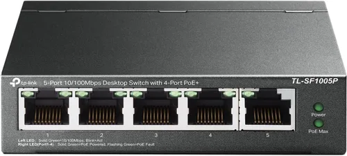 TP-Link TL-SF1005P | Conmutador PoE Ethernet rápido de 5 puertos | 4 puertos PoE+ 10/100 Mbps @67W | Escritorio | Plug & Play | Metal resistente con