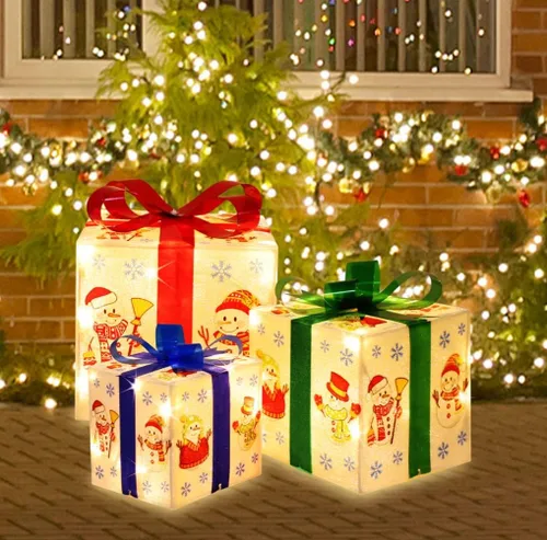 Miniatura 4 de LAMPHOME Cajas Iluminadas de Navidad, juego de 3 cajas de regalo decorativas con 91 LED, luces cálidas con parpadeo, cajas decorativas para Cajas