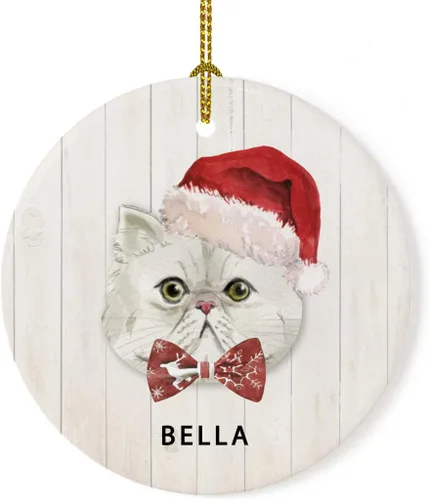Miniatura 22 de Andaz Press Adorno redondo personalizado de cerámica para árbol de Navidad, abisinio, corona de acebo, sombrero de Papá Noel, con gráfico de gato