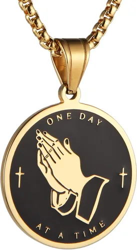 HZMAN Bible Verse Prayer Necklace Christian Jewelry Gold Stainless Steel Praying Hands Coin Medal Pendant