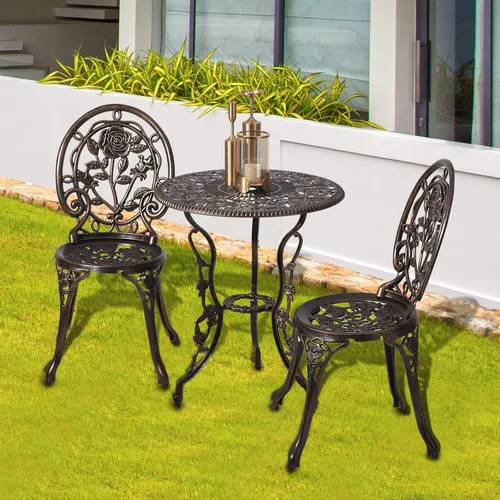 Miniatura 7 de HOMEFUN Juego de 2 mesas y sillas de bistró para exteriores, juego de 3 piezas, diseño de rosa, aluminio fundido para jardín, balcón, resistente a