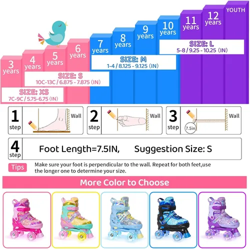Miniatura 4 de Nattork Patines de ruedas para niñas y niños, 4 tamaños ajustables para niñas de 3 a 12 años con ruedas iluminadas y protección de seguridad, regalo
