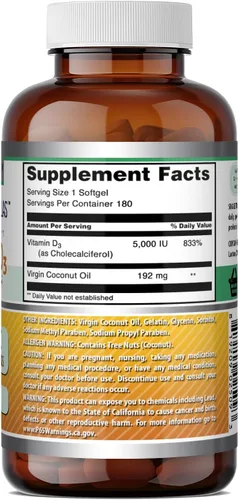 Miniatura 2 de Amazing Formulas Vitamina D3 con suplemento de aceite de coco 5000 UI por porción 180 cápsulas blandas Sin OMG Sin gluten Fabricado