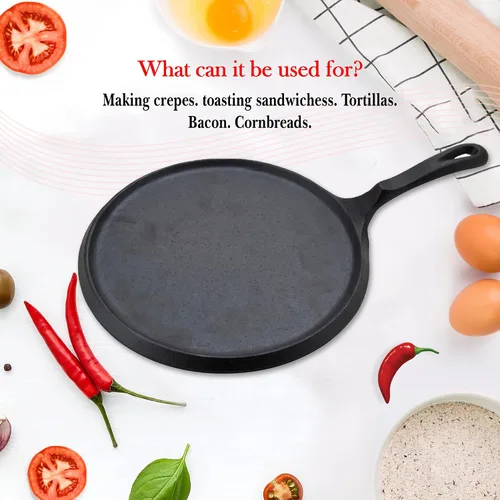 Miniatura 7 de Alpine Cuisine Plancha plana y comal de hierro fundido de 10 pulgadas Presazonada con mango duradero Utensilios de cocina de calefacción
