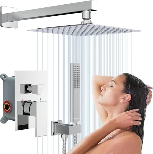 Miniatura 12 de Juegos de sistema de grifería de ducha negros: EMBATHER Juego combinado de ducha con cabezal de lluvia superior de 10 pulgadas con ducha de mano