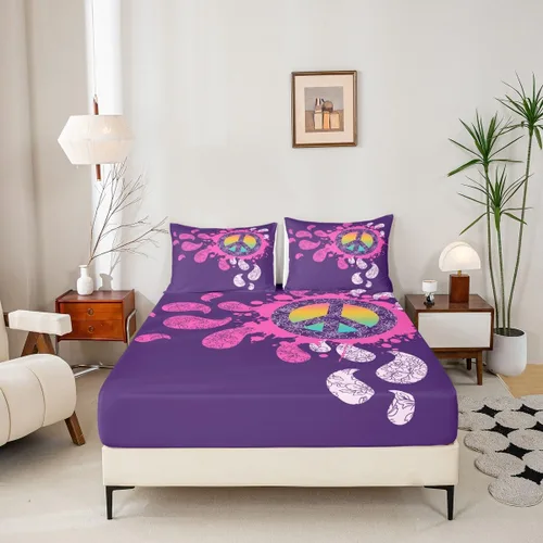 Miniatura 2 de Erosebridal - Juego de sábanas hippie para niños, tamaño doble, diseño de signo de la paz púrpura, sábana bajera bohemia, exótica para niños