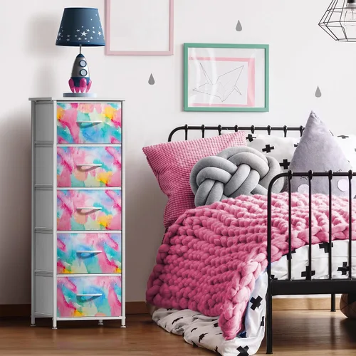 Miniatura 2 de Sorbus Cómoda para niños con 5 cajones, organizador de cofre de almacenamiento, mesita de noche, marco de acero, parte superior de madera, Destello