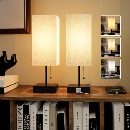 Miniatura 9 de Lámpara de mesa YIDPU para dormitorio, lámpara de mesita de noche para cabecera con tomas de corriente AC, lámpara de escritorio LED ajustable de 3