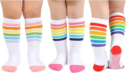 EPEIUS Calcetines altos a la rodilla con rayas arco iris para bebé, medias de tubo antideslizantes, calcetines de fútbol para niños pequeños y niños