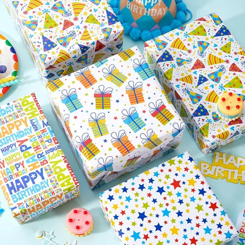 Miniatura 6 de Hojas de papel de regalo de cumpleaños, paquete de 8 envolturas de regalo para regalos de cumpleaños infantiles, 4 diseños coloridos con feliz