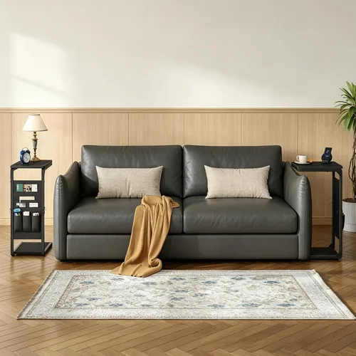 Miniatura 6 de Bandejas de TV con pedestal de madera para comer en mesas de sofá que se deslizan por debajo, mesa auxiliar en forma de C, mesa auxiliar para sofá