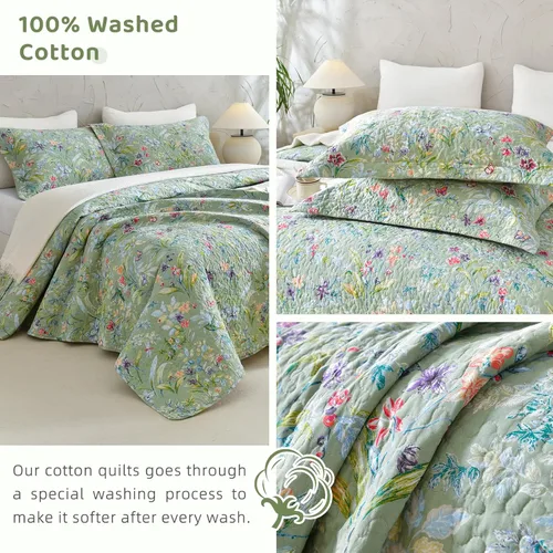 Miniatura 5 de Sanracie Edredón extragrande tamaño King (120"x120"), juego de edredón 100% algodón con estampado floral verde de 3 piezas, edredón suave y ligero