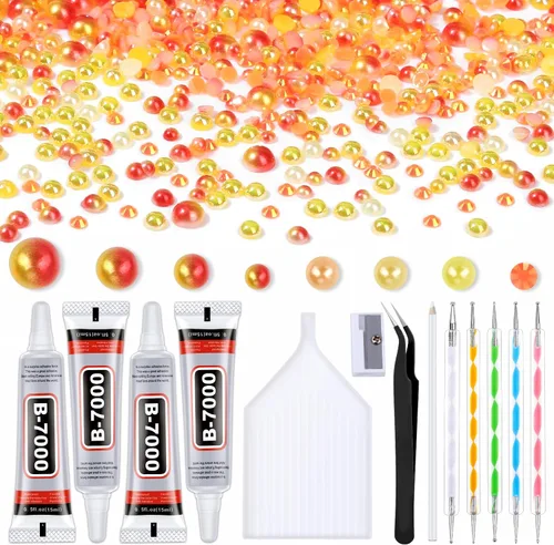 10000 perlas para uñas de diamantes de imitación para uñas con 4 piezas de pegamento B7000 de 0.5 fl oz, perlas para manualidades, 4 colores y