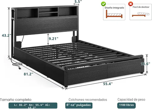Miniatura 2 de EnHomee Base de cama de tamaño matrimonial con 6 cajones de almacenamiento, cabecera y estación de carga, cama de plataforma de metal sin ruido,