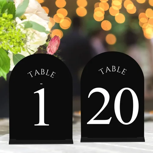 Miniatura 13 de JOYIT Números de Mesa de Boda en Arco 1-10 con Soportes – Letreros Acrílicos Impresos por Ambos Lados de 5" X 7" con Fondo Negro y Texto Blanco