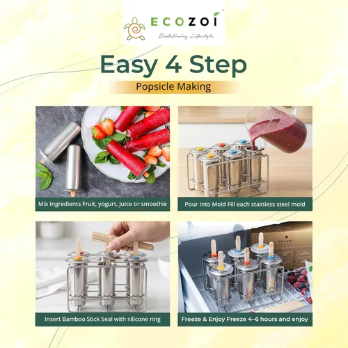 Miniatura 5 de Ecozoi Moldes de paletas de acero inoxidable, 6 máquinas de paletas de hielo de metal, 30 palitos de bambú reutilizables, 12 sellos de silicona y 1
