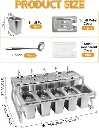 Miniatura 2 de Kalolary Estación de Almacenamiento para 10 Bandejas de Pizza con 2 Filas de Recipientes Ajustables de Condimentos de Acero Inoxidable con Tapas