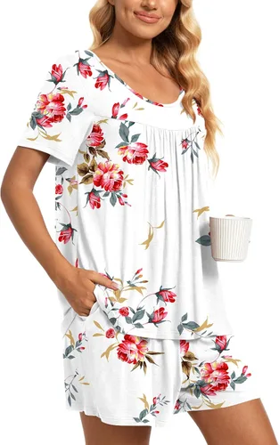 Miniatura 3 de TAOHUADAO Conjunto de pijama de 2 piezas para mujer, de manga corta, con bolsillos