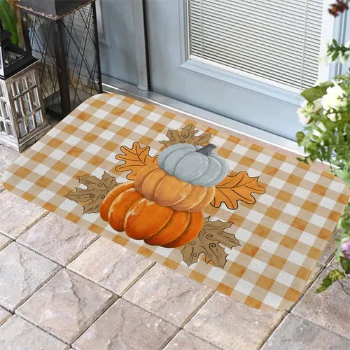 Miniatura 2 de Fukeen Alfombra de baño de calabaza a cuadros naranja – Alfombra de ducha antideslizante con hojas de arce para baño, dormitorio, hogar