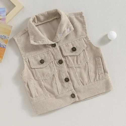 Miniatura 2 de Omkzanbi Chaleco de pana para niños y niñas, con cuello alto, bolsillo con botones, sin mangas, para otoño e invierno