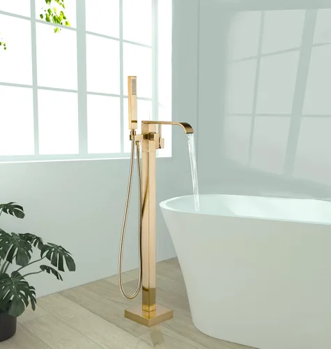Miniatura 13 de Grifo de bañera independiente de níquel cepillado, llenador de bañera, montaje en suelo, mango único, grifo de latón con ducha de mano y boquilla